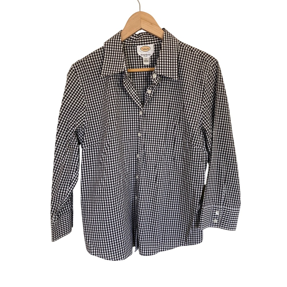 Talbots Womens 14 Black White Gingham Check Wrinkle Resistant Button Down Shirt